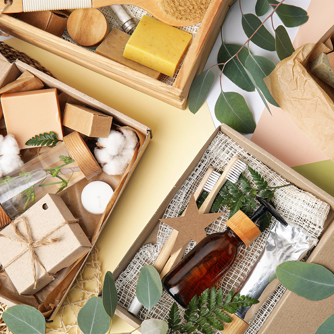 “Kraft paper mailing boxes filled with skincare products, soaps, and brushes, showcasing eco-friendly packaging for ecommerce shipments.