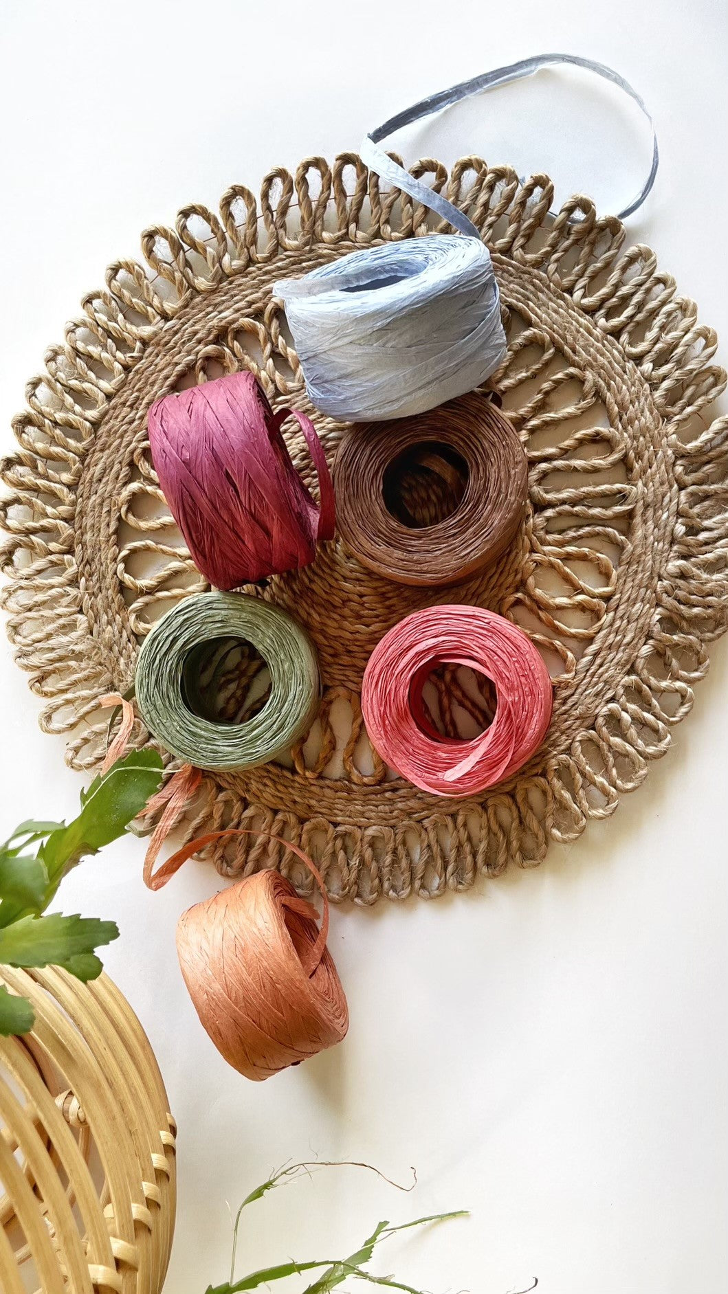Assorted raffia ribbon rolls in earthy colors including pink, brown, blue, green, a second pink, and orange, ideal for crafts and decoration