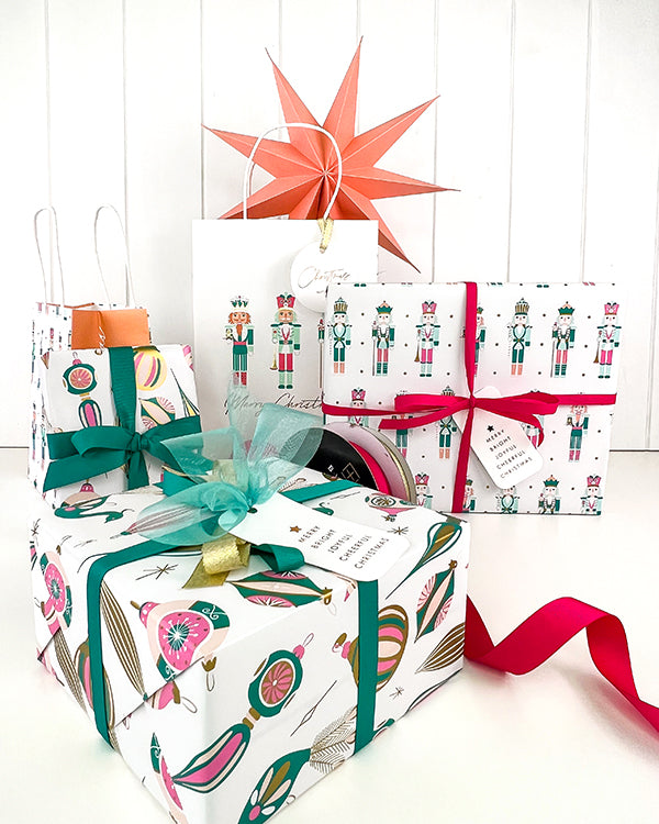 Vintage Xmas Baubles Wrap Pink Peach Jade Gold