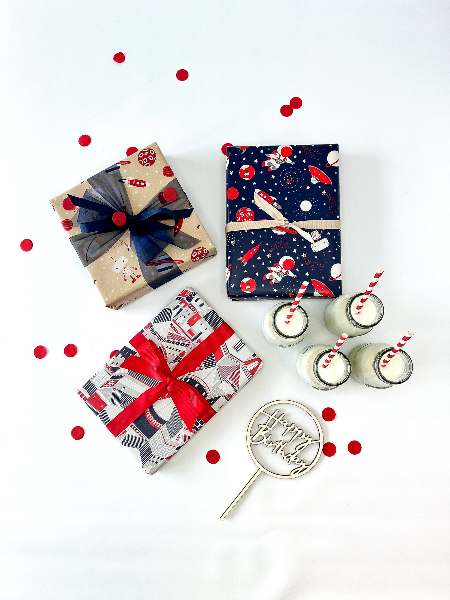 Space on Kraft Wrap Red White Navy